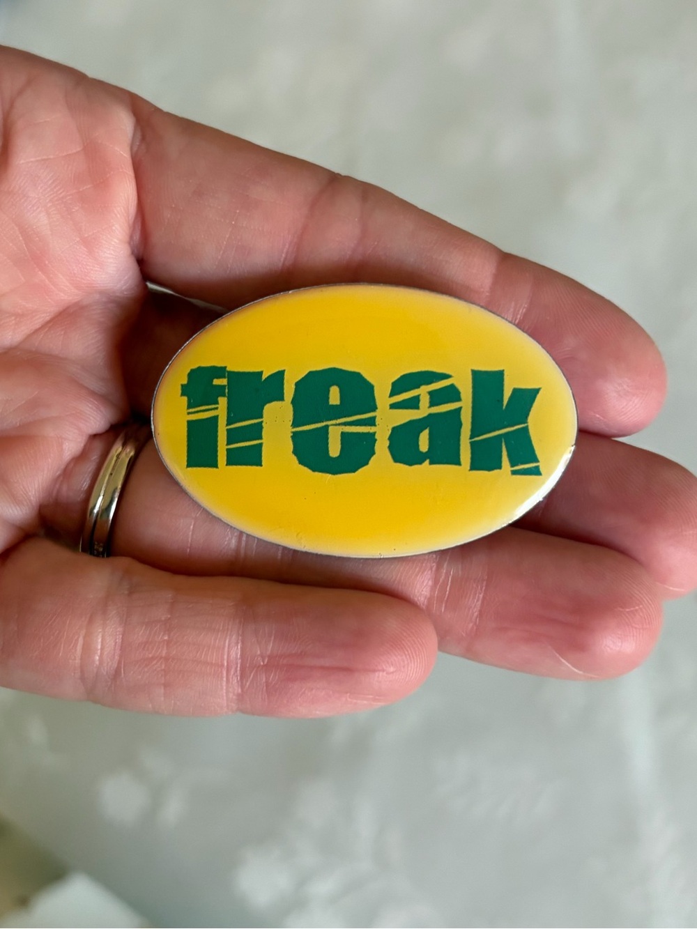 Vintage green & Yellow Oval 'freak' Pin/Button